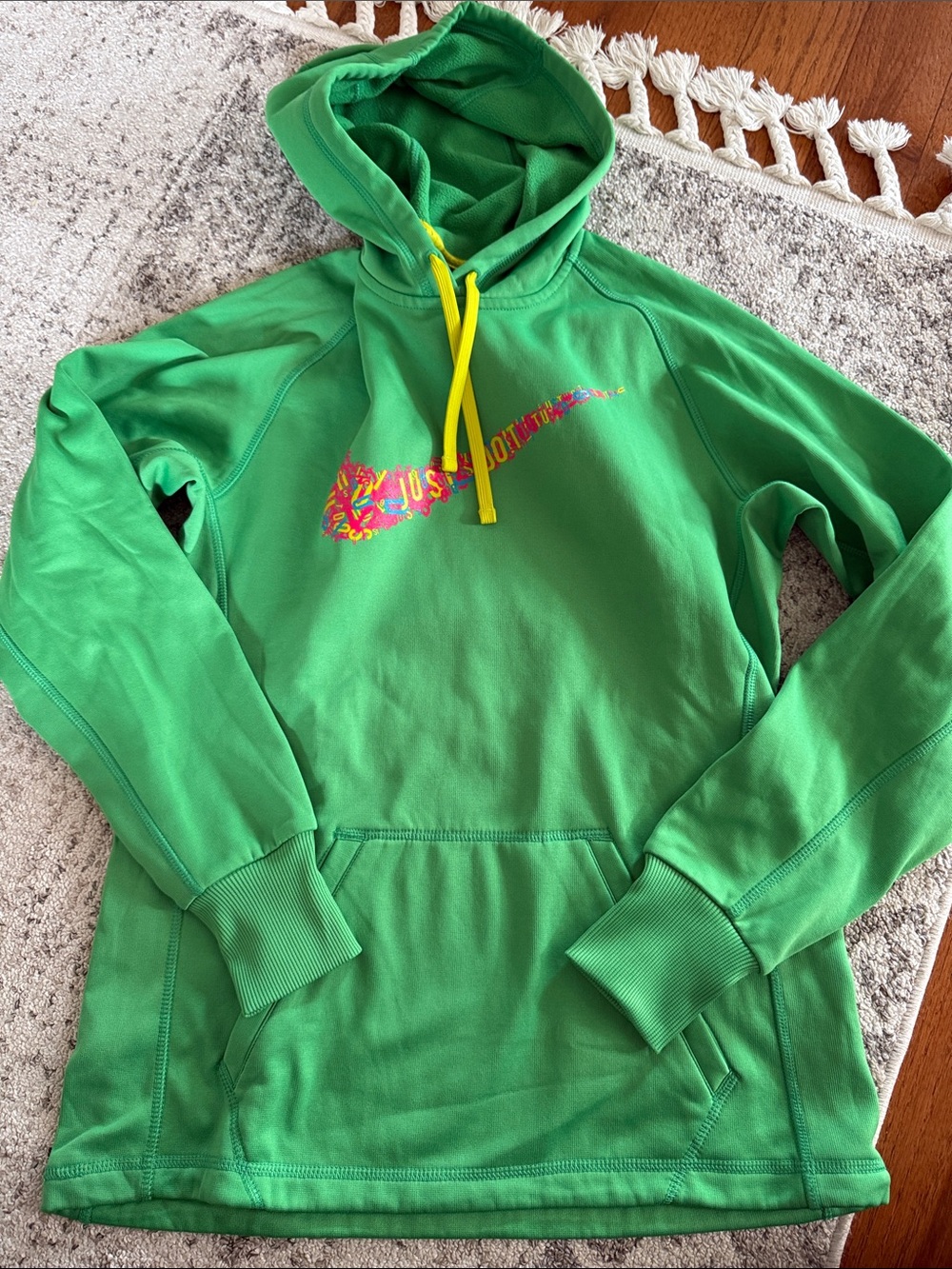 Nike Green Hoodie Sweatshirt with Yellow Drawcords and Multicolor Swoosh